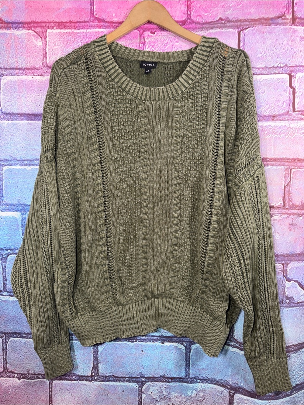 Torrid Women’s Size 3 Olive Green Cable Knit Sweater Plus Size Cotton